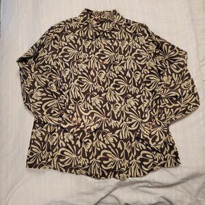 Cassis Long Sleeve Brown & Tan Leaf Patterned Silk Blend Blouse Size XL